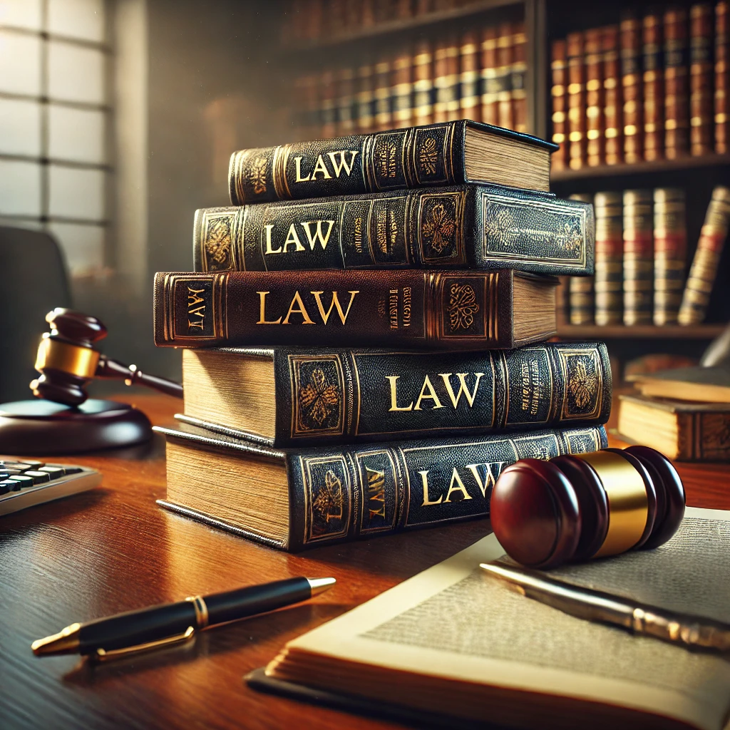 A-detailed-image-of-a-stack-of-law-books-and-legal-documents-on-a-polished-wooden-desk.-The-books-are-bound-in-dark-leather-with-gold-lettering-on